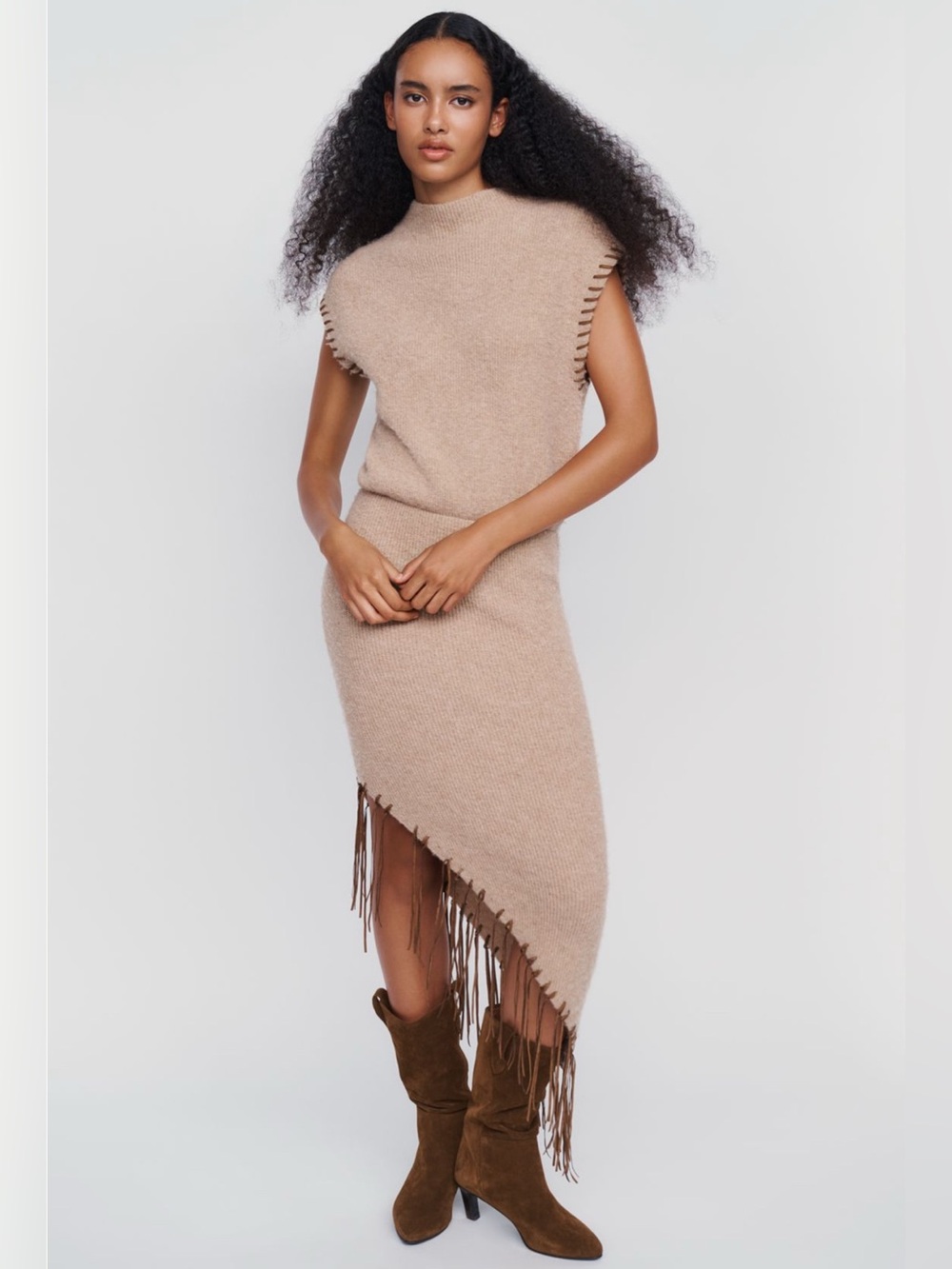Anthropologie Beige Asymmetrical Fringe Knit Dress